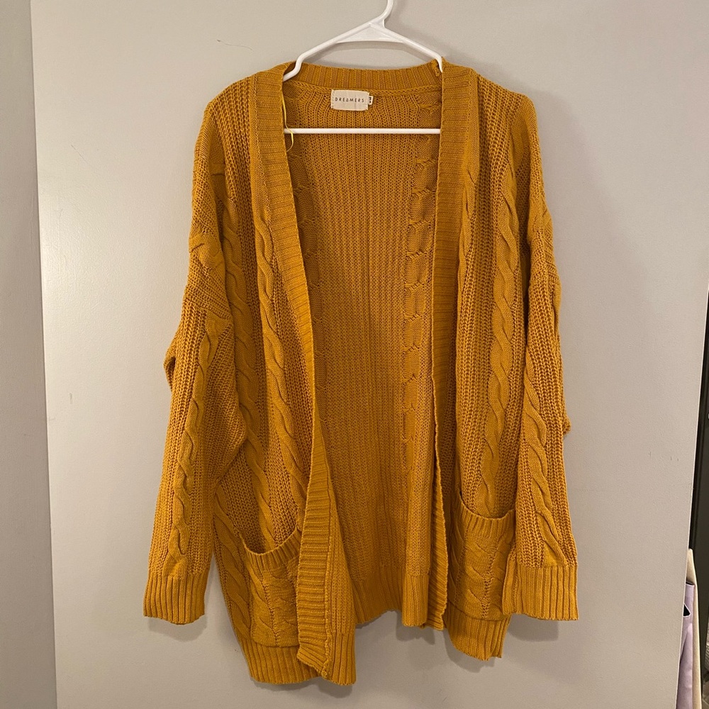mustard yellow cardigan knitted sweater cozy